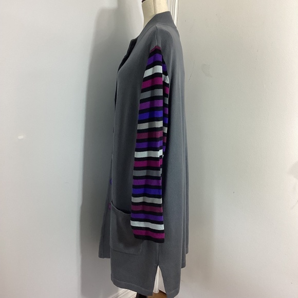 NWT BOB MACKIE WEARABLE ART PLUS 2X KNIT GRAY LONG CARDIGAN STRIPED SLEEVES - Picture 6 of 14